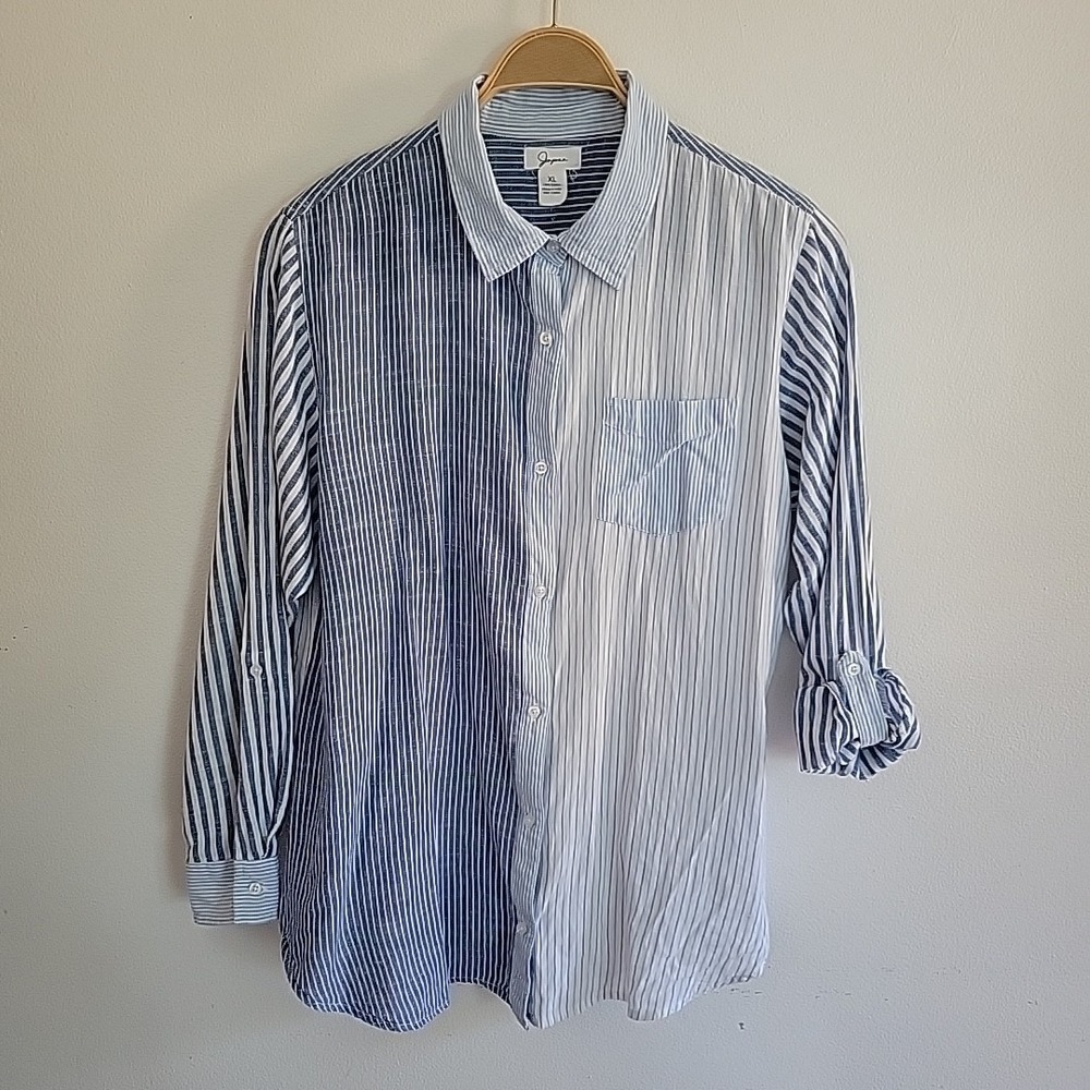 Japna Button Up Top XL Blue Mixed Stripe Roll Tab Sleeve Coastal Nautical Preppy